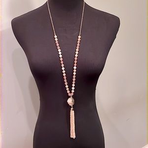 Pink Bead & Druzy Quartz Tassel Adjustable Necklace